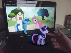 Size: 4288x3216 | Tagged: safe, artist:bastbrushie, derpibooru import, minuette, pinkie pie, twilight sparkle, earth pony, pony, unicorn, computer, eyes closed, female, fourth wall, hand, irl, laptop computer, mare, micro, offscreen character, photo, ponies in real life, pov, tree, unicorn twilight