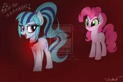 Size: 1024x683 | Tagged: artist:wubcakeva, cute, dead source, derpibooru import, deviantart watermark, female, lesbian, mind control, obtrusive watermark, pinata (ship), pinkie pie, ponified, singing, sonata dusk, suggestive, watermark