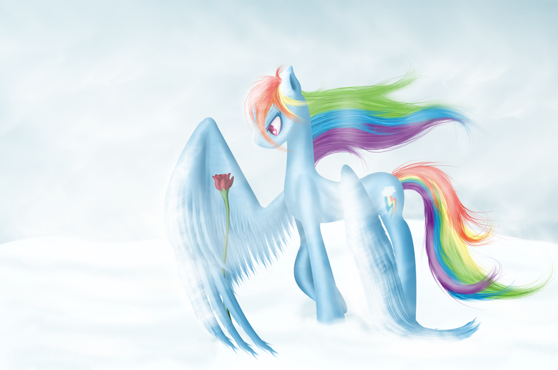 Size: 3016x2000 | Tagged: artist:freyiejj, blizzard, derpibooru import, flower, rainbow dash, rose, sad face, safe, snow, snowfall, solo, wind, wings, winter