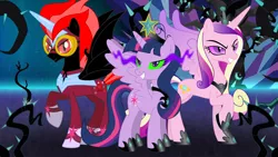 Size: 1920x1080 | Tagged: safe, artist:dashiemlpfim, artist:kaylathehedgehog, derpibooru import, princess cadance, twilight sparkle, twilight sparkle (alicorn), oc, oc:omega brony, oc:twivine sparkle, alicorn, pony, alicorn oc, black vine, corrupted, dark magic, evil, magic, sombra eyes, vector, wallpaper