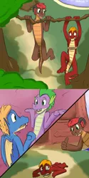 Size: 1280x2560 | Tagged: safe, artist:fuzebox, derpibooru import, spike, oc, oc:magma, oc:mangle, oc:sharp, anthro, dragon, plantigrade anthro, comic, exercise, no pain no gain, older, older spike, pullup, shrug, spike's journey, story included, sweat, teenage spike, teenaged dragon, thumbs up, training, tree branch, tumblr