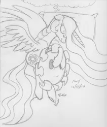 Size: 1234x1462 | Tagged: artist:slash-sun-slash, bed, celestiadoodle, cute, cutelestia, derpibooru import, dream, eyes closed, floppy ears, monochrome, plushie, princess celestia, safe, sleeping, solo, spread wings, traditional art