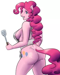 Size: 1188x1490 | Tagged: anthro, apron, artist:amaraburrger, ass, balloonbutt, bottom, bottomless, breasts, busty pinkie pie, clothes, derpibooru import, female, pinkie pie, sideboob, solo, solo female, spatula, suggestive