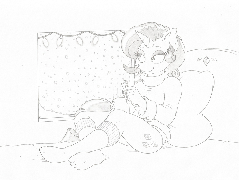 Size: 1111x840 | Tagged: anthro, artist:joey darkmeat, candy cane, christmas lights, clothes, derpibooru import, earring, feet, female, monochrome, panties, plantigrade anthro, rarity, sketch, snow, snowfall, socks, solo, solo female, suggestive, sweater, traditional art, underwear