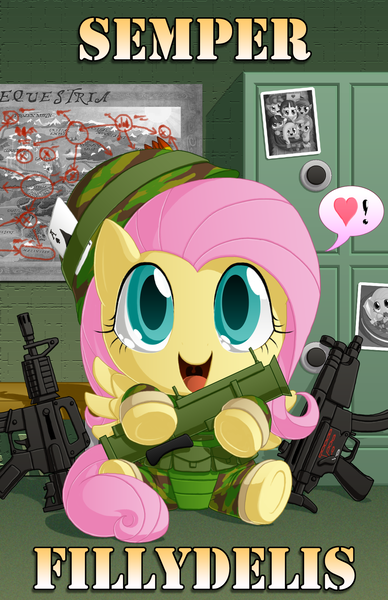 Size: 1100x1700 | Tagged: ar15, artist:berrypawnch, berrypawnch is trying to murder us, chibi, clothes, cute, derpibooru import, filly, fluttershy, gun, m4a1, m72 law, map, map of equestria, marines, mp5, no nose, rocket launcher, safe, semper fi, shyabetes, solo, this will end in tears, uniform