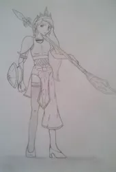 Size: 737x1084 | Tagged: artist:saielthepony, crossover, derpibooru import, dynasty warriors, halberd, human, humanized, monochrome, princess celestia, safe, solo, traditional art