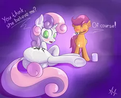 Size: 989x804 | Tagged: artist:anti1mozg, blushing, derpibooru import, fake cutie mark, looking at cutie mark, mouth hold, no pupils, paint, paint on fur, plot, purple background, scootaloo, signature, simple background, strategically covered, suggestive, sweetie belle, tail censor, underhoof
