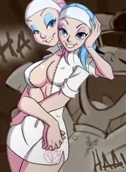 Size: 1857x2534 | Tagged: aloe, artist:aeolus06, artist:kanrabat, breasts, conjoined, conjoined twins, derpibooru import, dr adorable, edit, female, females only, four arms, human, humanized, laughing, lotus blossom, nail polish, parody, photoshop, spa twins, suggestive, wat, what has science done