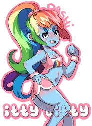 Size: 1024x1391 | Tagged: artist:lana-jay, belly button, breasts, cleavage, clothes, dead source, derpibooru import, female, flexing, human, humanized, midriff, pony coloring, ponytail, rainbow dash, safe, shorts, simple background, small breasts, solo, sports bra, transparent background, wristband