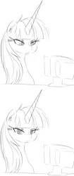 Size: 706x1673 | Tagged: artist:zev, computer, derpibooru import, grayscale, lauren faust, monochrome, oc, oc:fausticorn, parody, reaction image, safe, solo, unofficial characters only