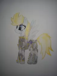 Size: 1944x2592 | Tagged: armor, artist:scratchie, black armor, blonde hair, cutie mark, derpibooru import, drawing, eyeshadow, oc, oc:aria lightningheart, safe, scar, scared, shade, shadow, skull, smiling, solo, spread wings, unofficial characters only, war