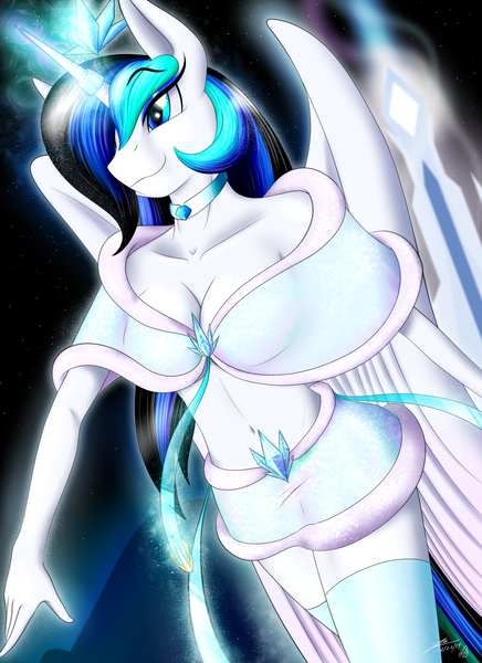 Size: 1870x2573 | Tagged: alicorn, alicorn oc, anthro, anthro oc, artist:bludraconoid, belly button, breasts, clothes, derpibooru import, glowing horn, horn ring, midriff, oc, oc:starveil, solo, suggestive, thigh highs, unofficial characters only