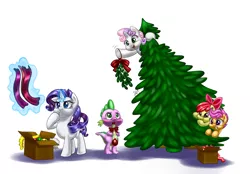 Size: 1200x836 | Tagged: safe, artist:pia-sama, derpibooru import, apple bloom, rarity, scootaloo, spike, sweetie belle, blushing, bowtie, christmas, christmas tree, clothes, cutie mark crusaders, embarrassed, female, grin, hiding, magic, male, mistletoe, open mouth, pouting, scarf, shipper on deck, shipping, smiling, sparity, straight, telekinesis, thinking, tree