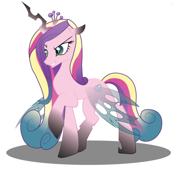 Size: 1024x1024 | Tagged: artist:dr-whiskey, changeling, character to character, derpibooru import, disguise, disguised changeling, fake cadance, grin, princess cadance, queen chrysalis, raised hoof, safe, shapeshifting, simple background, solo, transparent background