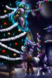 Size: 1045x1567 | Tagged: dead source, safe, artist:tidalwav-3, derpibooru import, rarity, spike, christmas tree, clothes, female, magic, male, scarf, shipping, sparity, straight, tree