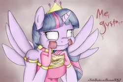 Size: 900x600 | Tagged: anthro, artist:aquaticsun, crown, derpibooru import, etiquette, hay burger, me gusta, messy eating, safe, twilight burgkle, twilight slobble, twilight sparkle, twilight sparkle (alicorn)