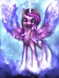 Size: 900x1200 | Tagged: safe, artist:elkaart, derpibooru import, princess cadance, alicorn, pony, abstract background, female, glowing horn, horn, looking at you, mare, smiling, solo, spread wings, wings