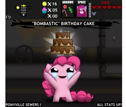 Size: 4000x3405 | Tagged: artist:facelesssoles, biblethump, cake, crossover, derpibooru import, item get, pinkamena diane pie, pinkie pie, safe, the binding of isaac