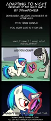 Size: 850x2020 | Tagged: safe, artist:drawponies, artist:terminuslucis, derpibooru import, octavia melody, vinyl scratch, earth pony, unicorn, comic:adapting to night, comic:adapting to night: creature of the night, blood, comic, glowing horn, horn, magic, telekinesis