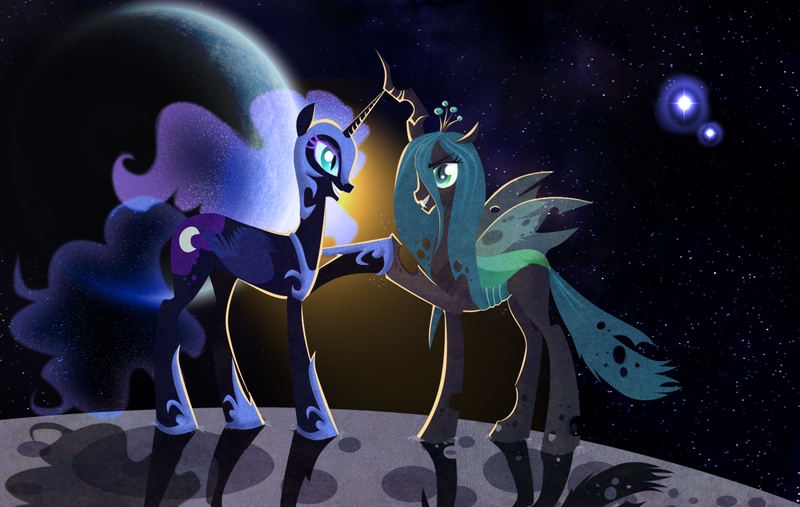 Size: 1200x760 | Tagged: artist:bluefluffydinosaur, derpibooru import, hoofbump, moon, nightmare moon, queen chrysalis, safe, space, stars