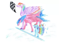 Size: 3508x2551 | Tagged: safe, artist:dawn22eagle, derpibooru import, firefly, rainbow blaze, rainbow dash, horse, pegasus, pony, checkered flag, colored hooves, colored pencil drawing, colored wings, cute, family, female, filly, fireblaze, firefly as rainbow dash's mom, flag, foal, g1, g1 to g4, g4, generation leap, male, mare, mother and child, mother and daughter, mouth hold, multicolored wings, rainbow wings, shipping, starting line, straight, tail feathers, traditional art, younger