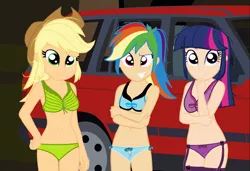 Size: 1920x1314 | Tagged: suggestive, artist:garretthegarret, derpibooru import, edit, applejack, rainbow dash, twilight sparkle, comic:caught in the storm, equestria girls, belly button, bra, breasts, car, clothes, cutie mark underwear, frilly underwear, human coloration, land rover, land rover range rover, midriff, panties, ribbon, side knot underwear, sleeveless, underwear, underwear edit