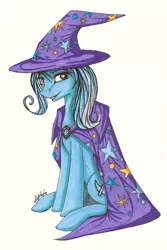 Size: 1024x1537 | Tagged: safe, artist:belorahels, derpibooru import, trixie, pony, unicorn, female, mare, sitting, solo, traditional art