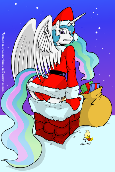 Size: 2368x3518 | Tagged: anthro, artist:duragan, ass, chimney, christmas is cancelled, clothes, derpibooru import, female, frilly underwear, panties, princess celestia, red underwear, santa costume, skirt, solo, solo female, stuck, suggestive, sunbutt, underwear, upskirt