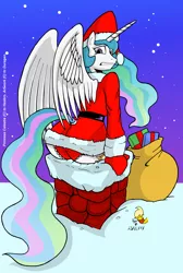 Size: 2368x3518 | Tagged: anthro, artist:duragan, ass, chimney, christmas is cancelled, clothes, derpibooru import, female, frilly underwear, panties, princess celestia, red underwear, santa costume, skirt, solo, solo female, stuck, suggestive, sunbutt, underwear, upskirt