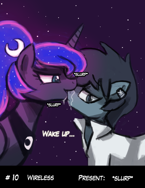 Size: 774x1000 | Tagged: questionable, artist:lumineko, derpibooru import, princess luna, oc, oc:wireless, 12 days of christmas, canon x oc, dreamluna, drool, kissing, nosejob, nose kiss, nose sucking, nose suckling, sloppy kissing