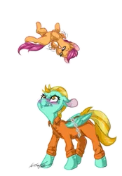 Size: 355x510 | Tagged: artist:ahmonaeatchu123, clothes, derpibooru import, lightning dust, prison, prison outfit, safe, scootaloo, scootaloo can fly, taunt, this will end in tears and/or death