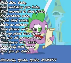 Size: 436x386 | Tagged: suggestive, derpibooru import, edit, edited screencap, screencap, cup cake, spike, dragon, friendship is magic, caption, image macro, letter, male, meme, poem, quill, solo, spike's love letters, tongue out