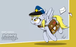 Size: 1920x1200 | Tagged: safe, artist:fuzon-s, derpibooru import, derpy hooves, pegasus, pony, crossover, female, flying, happy, hat, letter, mail, mailbag, mailmare, mailpony, mare, muffin, pony channel, smiling, solo, sonic channel, sonic the hedgehog (series), style emulation, wallpaper, yuji uekawa style