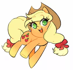 Size: 1280x1232 | Tagged: safe, artist:evino-chan, derpibooru import, applejack, earth pony, pony, bow, cute, eye clipping through hair, female, hair bow, happy, jackabetes, mare, no pupils, open mouth, solo, tail bow