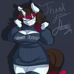 Size: 1280x1280 | Tagged: suggestive, artist:fatcakes, derpibooru import, oc, oc:euphoria, unofficial characters only, anthro, unicorn, bottomless, breasts, clothes, female, keyhole turtleneck, open-chest sweater, solo, solo female, sweater, tumblr, turtleneck