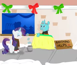 Size: 1060x900 | Tagged: artist:pacificgreen, bits, can, christmas, derpibooru import, display case, generosity, giving, hobo, homeless, rarity, safe, snow, winter