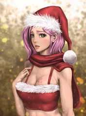 Size: 2480x3363 | Tagged: artist:mrs1989, boobie mark, breasts, busty fluttershy, christmas, cleavage, clothes, derpibooru import, female, fluttershy, hat, human, humanized, santa hat, scarf, solo, solo female, suggestive