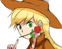 Size: 500x400 | Tagged: applejack, artist:luciferamon, bust, clothes, cowboy hat, derpibooru import, female, flower, flower in mouth, hat, humanized, jacket, looking at you, mouth hold, portrait, rose, rose in mouth, safe, solo, stetson