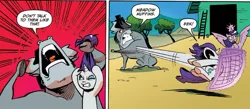 Size: 1397x611 | Tagged: safe, derpibooru import, idw, king longhorn, rarity, twilight sparkle, twilight sparkle (alicorn), alicorn, bull, pony, spoiler:comic, spoiler:comic26, female, magic, mare, raribuse