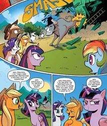 Size: 1397x1639 | Tagged: safe, derpibooru import, idw, angus mcsteer, applejack, fluttershy, king longhorn, rainbow dash, rarity, twilight sparkle, twilight sparkle (alicorn), alicorn, pony, spoiler:comic, spoiler:comic26, bucking, eyes closed, female, gritted teeth, idw advertisement, magic, mare, messy mane, open mouth, property damage, smiling, smirk, wide eyes