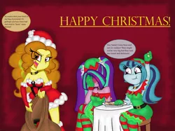 Size: 1024x765 | Tagged: suggestive, artist:queentigrel, derpibooru import, adagio dazzle, aria blaze, sonata dusk, equestria girls, blushing, breasts, clothes, comic, elf costume, facepalm, hat, innuendo, santa costume, santa hat, sleeveless, strapless, the dazzlings