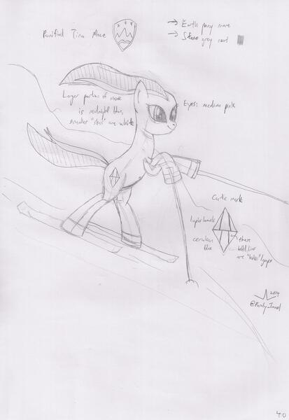 Size: 2372x3446 | Tagged: safe, artist:parclytaxel, derpibooru import, ponified, earth pony, pony, albumin flask, bipedal, coat of arms, concept art, cutie mark, monochrome, sketch, skiing, slovenia, solo, story included, tina maze, traditional art, windswept mane
