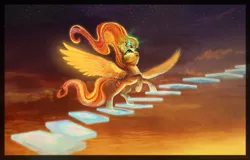 Size: 1600x1021 | Tagged: safe, artist:cosmicunicorn, derpibooru import, sunset shimmer, alicorn, pony, alicornified, crying, race swap, shimmercorn, solo, stairs, sunset