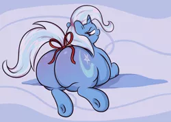 Size: 1834x1307 | Tagged: suggestive, artist:graphenescloset, derpibooru import, trixie, pony, unicorn, bedroom eyes, belly, chubby, fat, female, huge butt, large butt, looking back, plot, present, presenting, raised tail, ribbon, solo, solo female, the ass was fat, the great and bountiful trixie, the great and powerful ass, underhoof