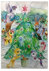 Size: 500x720 | Tagged: safe, artist:mapony240, derpibooru import, applejack, fluttershy, pinkie pie, rainbow dash, rarity, twilight sparkle, twilight sparkle (alicorn), alicorn, pony, candy cane, christmas tree, female, mane six, mare, mouth hold, traditional art, tree