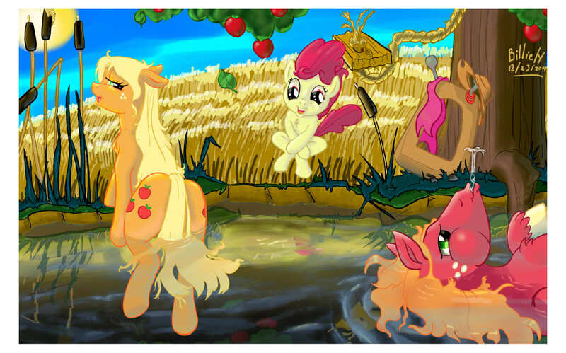 Size: 1200x749 | Tagged: safe, artist:billieh01, derpibooru import, apple bloom, applejack, big macintosh, earth pony, pony, apple, apple siblings, both cutie marks, female, filly, floppy ears, leaf, male, mare, plot, smiling, stallion, swimming, swimming hole, wet mane