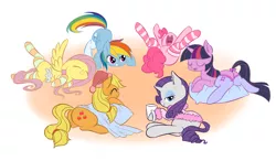 Size: 4296x2504 | Tagged: suggestive, artist:congee-painting, derpibooru import, angel bunny, applejack, fluttershy, pinkie pie, rainbow dash, rarity, twilight sparkle, earth pony, pegasus, pony, unicorn, absurd resolution, adorasexy, bedroom eyes, clothes, cute, eyes closed, female, mane six, mare, open mouth, pixiv, sexy, smiling, socks, stockings, striped socks