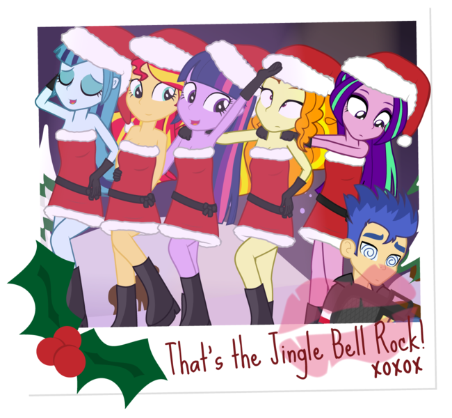 Size: 1300x1200 | Tagged: safe, artist:dm29, derpibooru import, adagio dazzle, aria blaze, flash sentry, sonata dusk, sunset shimmer, twilight sparkle, twilight sparkle (alicorn), equestria girls, rainbow rocks, bare shoulders, christmas, clothes, dazed, hearth's warming, holly, kiss mark, mean girls, santa costume, sleeveless, strapless, the dazzlings