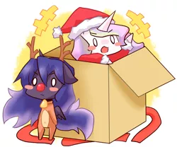 Size: 1200x1000 | Tagged: safe, artist:gyaheung, derpibooru import, princess celestia, princess luna, pony, antlers, bipedal, blush sticker, blushing, box, chibi, clothes, costume, cute, floppy ears, hat, open mouth, pony in a box, red nose, reindeer antlers, santa costume, santa hat, spread wings