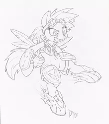 Size: 874x1000 | Tagged: safe, artist:dfectivedvice, derpibooru import, rainbow dash, pegasus, pony, belly button, bipedal, female, goggles, grayscale, mare, monochrome, rocket boots, simple background, sketch, solo, sunglasses, traditional art, white background